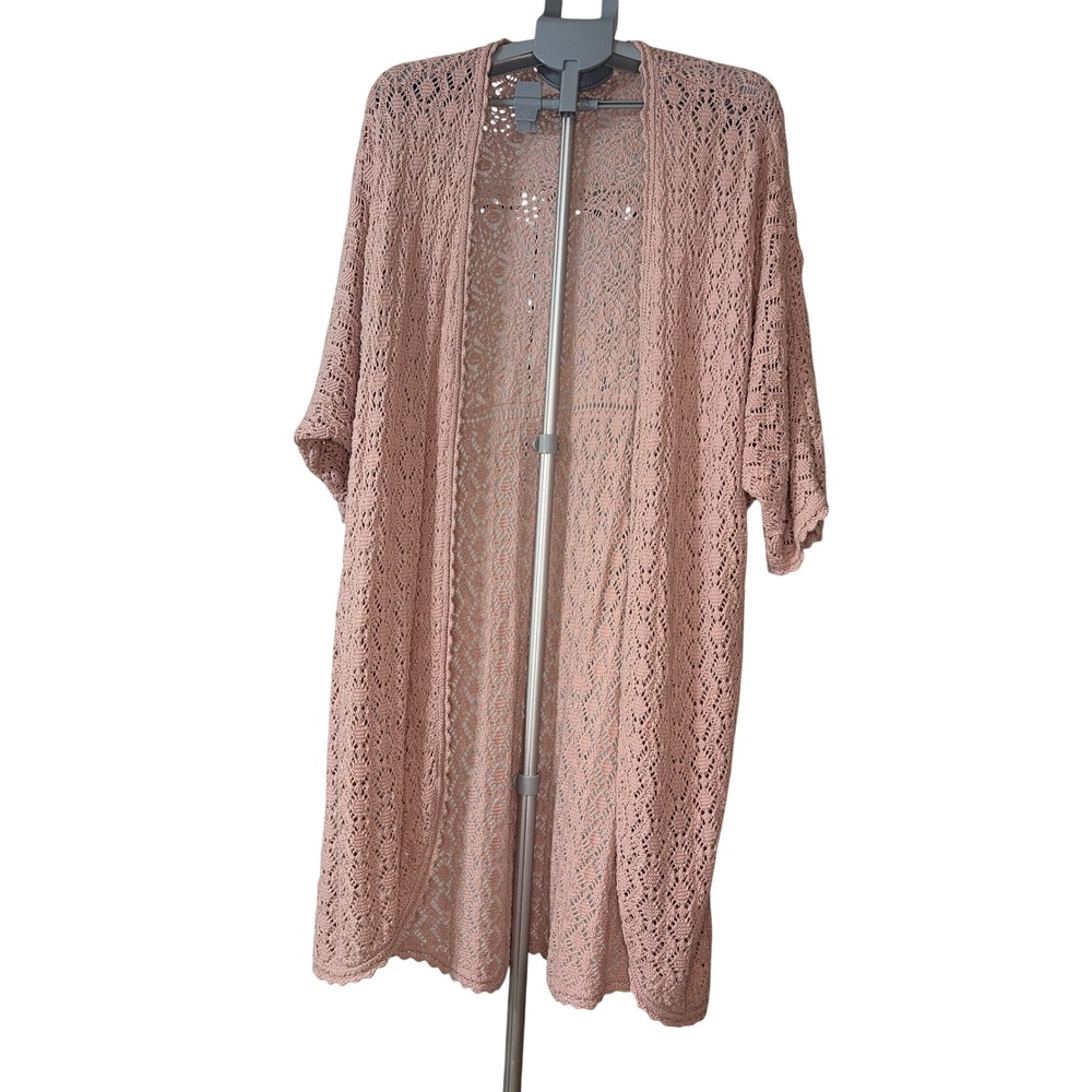Maurices Pink Crochet Knit Open Front Duster Cardigan Kimono Boho Wrap L/XL